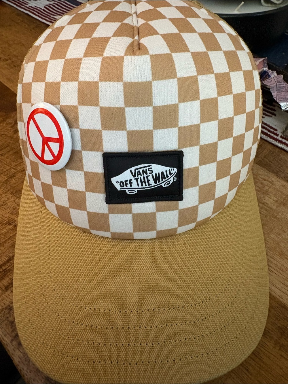 Vans Tan & White Checkerboard Trucker Hat with Peace Pin